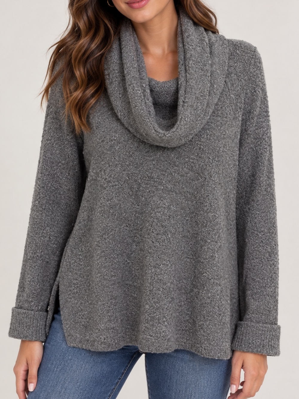 Style & Co. Gray Bouclé Cowl Neck Sweater